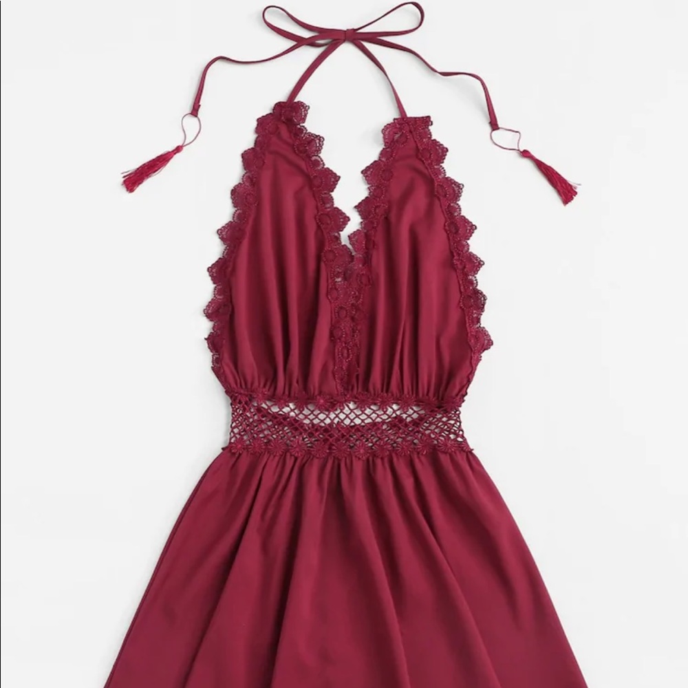 ‫Guipure Lace Trim Fringe Halter Dress